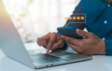 User give rating to service experience on online application, Customer can evaluate quality of service leading to reputation ranking of business. Customer review satisfaction feedback survey concept.