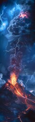 Volcano erupting in lighting storm at night, ominous and powerful.