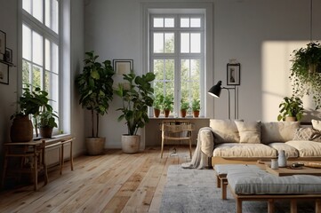 Fototapeta premium The interior design of the home features Scandinavian style with minimalist design and natural light.