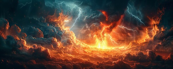 Violent eruption of volcano amidst stormy skies, lightning bolts illuminating the scene in a dramatic nighttime display.