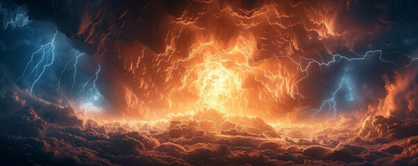 Fiery volcano erupts under stormy sky with lightning bolts in dramatic night scene.