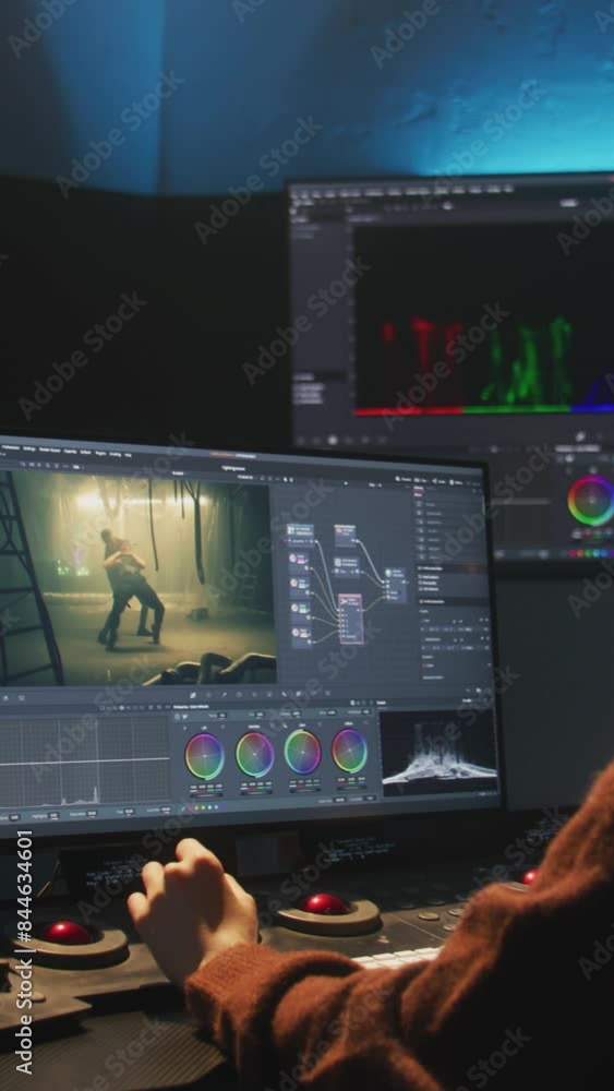 Poster the editor works in studio on computer, uses color grading control panel, edits video, makes color c