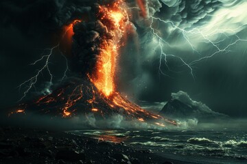 Powerful volcanic eruption with lightning storm, creating a captivating display of nature's raw energy.
