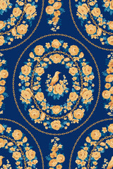 Baroque seamless pattern with bird and flowers in frame of roses for wallpaper and textile, classic print style