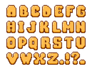 Retro pixel font. 8 bit old school video game alphabet, geometric minimal geometric typeface with numbers and punctuation. Vector isolated set