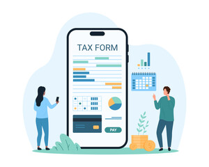 Tax payment service in mobile app. Tiny people calculate and pay money on tax bill with credit card, check financial report document and calendar for deadline online cartoon vector illustration