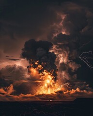Volcanic eruption illuminated by lightning in dramatic night sky, colored in dark sage, earth brown, and mahogany hues.