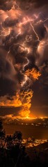 Dramatic lightning illuminates a fiery volcanic eruption against a dark, foreboding sky.