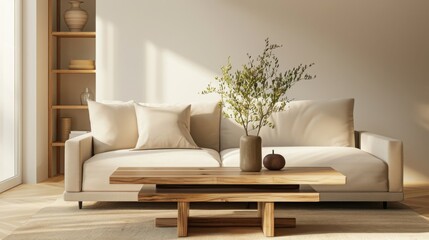 Cozy living room with wooden coffee table, beige sofa, small plant, and soft lighting creating a calming atmosphere.