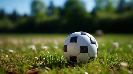 Fototapeta premium A classic black and white soccer ball rests at the center of a vast, empty soccer field.