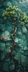 Driftwood with green leaves in waterscape under moody blue sky, with teal and tangerine hues.