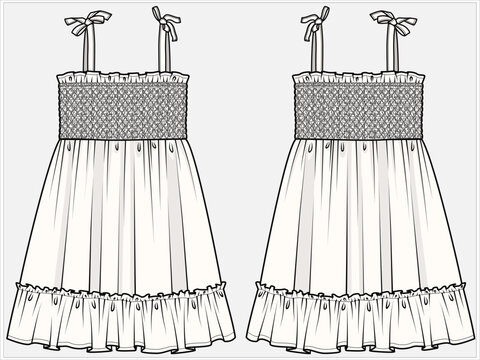 SMOCKING DETAILED SUNDRESS WITH FRILL DESIGNED FOR TEEN AND KID GIRLS IN VECTOR FILE