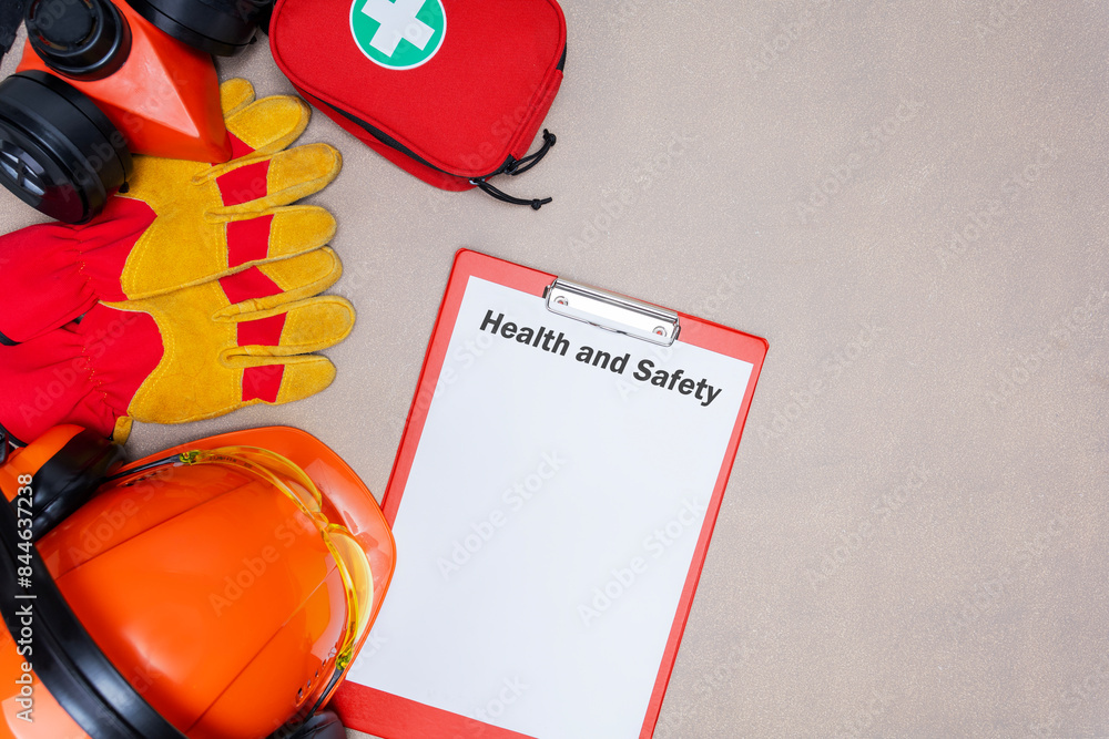 Canvas Prints Health and safety at work. Top view of work safety protection equipment and blank for text.