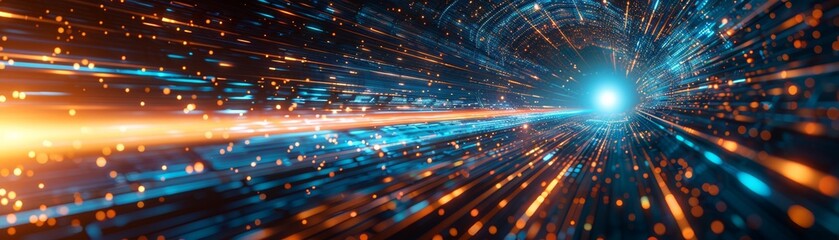 Abstract digital tunnel with data streams in blue and orange, leading towards a bright, distant light.