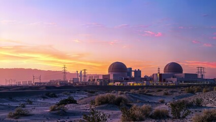 Obraz premium Breathtaking sunset over a nuclear power plant in the desert, with cooling towers glowing in warm hues and a vibrant sky.