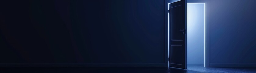 Minimalist design with open door and stream of light on dark blue background symbolizes the path to new opportunities.