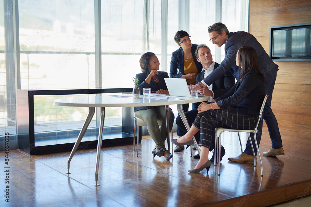 Poster Business, people and laptop in boardroom with strategy or idea on project with teamwork and collaboration. Employee, discussion and office with conversation as partners in law firm, lawyers and plan