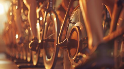 Softly blurred surroundings highlight the fastpaced movements of the spin class immersing the viewer in the lively atmosphere and highlighting the dedication of the cyclists. .