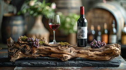 Bottle and glass of red wine on a black stone table. In the background old weathered snag. Frontal...