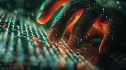 A hand is typing on a keyboard with a green background
