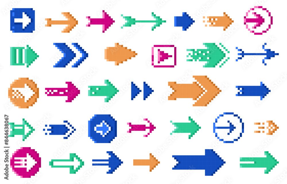 Poster pixel 8 bit arrows. dotted retro navigation cursors, retro 8 bit direction pointers, retro 8 bit arr