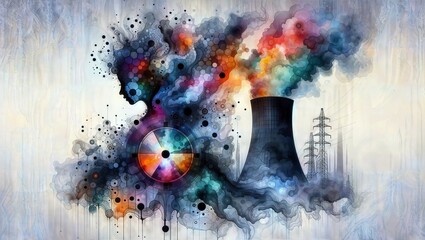 Abstract depiction of a nuclear power station with multicolored smoke plumes against a stylized backdrop, symbolizing vibrant energy generation.