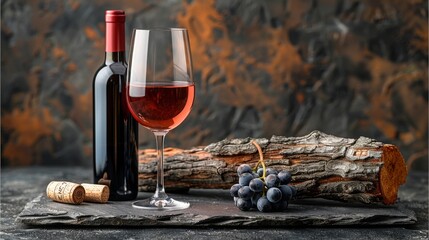 Bottle and glass of red wine on a black stone table. In the background old weathered snag. Frontal view with copy space