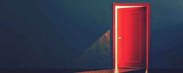 Symbolic doorway against dark blue, radiant light representing new beginnings. Vibrant red, ochre, grapeseed, and off-white color palette.