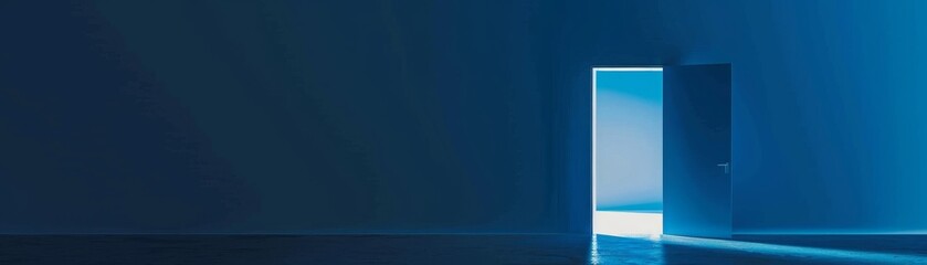 Luminous doorway against deep blue background symbolizes new opportunities in minimalist artwork.