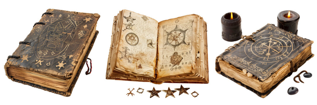 set of witch's spell book with ancient symbols isolated on transparent background