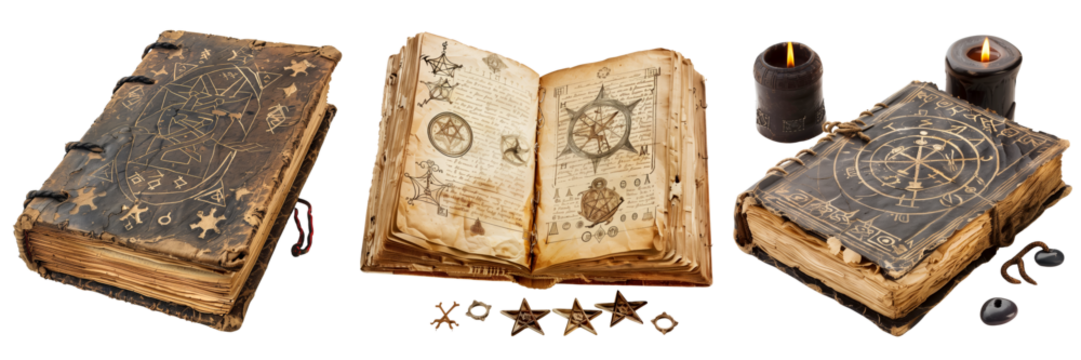 set of witch's spell book with ancient symbols isolated on transparent background