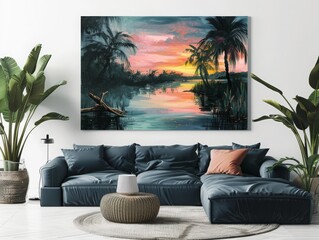 Twilight jungle waterscape with driftwood and greenery, featuring sky blue, rose, fuchsia, and yellow hues.