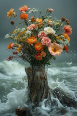 Driftwood and vibrant blooms contrast against dark sky in moody waterscape.