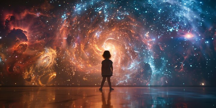 Child gazing at a mesmerizing projection of a colorful galaxy, capturing the wonder and curiosity of exploring the universe in a breathtaking scene.