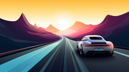 Naklejka premium Illustration in a cartoon style depicting a Electric car driving on a mountain road 