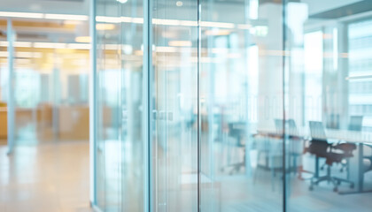 A blurry view of a modern office space through glass doors. Soft background