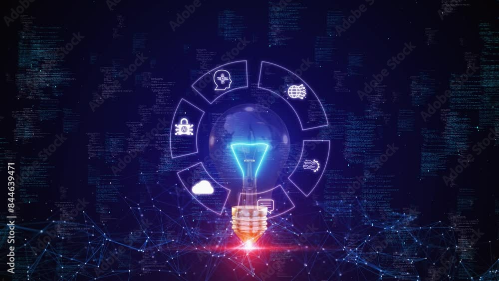 Poster artificial intelligence line dots light bulb background. digital technology creative ideas. network 