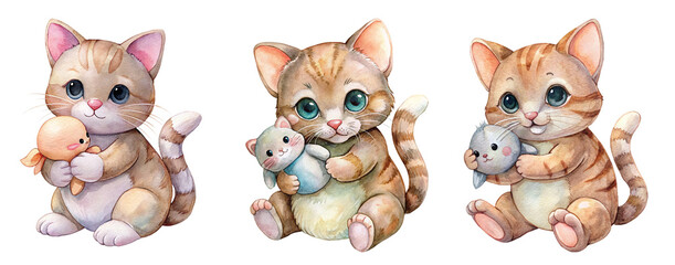 Obraz premium Collection of Cute Full-Body Watercolor Kittens Hugging Stuffed Animals