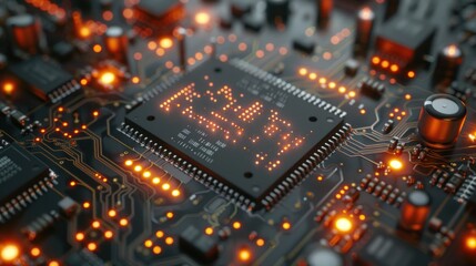 Obraz premium Close-up view of a circuit board showcasing intricate details of electronic components. The image captures the complexity and precision of modern technology, highlighting microchips, resistors, and