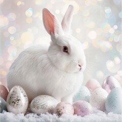 Background with eggs and white bunny 
