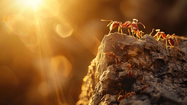 Artistic close-up of ants demonstrating teamwork on a cliff, with backlighting accentuating their figures and creating a dramatic visual effect that underscores their cooperative spirit.