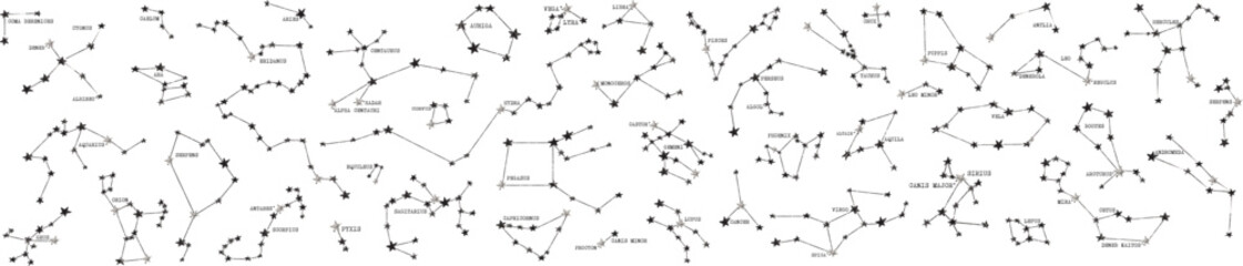 Night sky chart with name of stars and constellations. Orion, Sirius, Lyra, Centaurus, Pegasus, Auriga, Lupus, Virgo, Phoenix, Hercules, Andromeda, Crux and other.