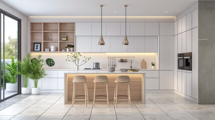 Contemporary Kitchen Interior with Sleek White and Cream Color Scheme, 3D Render