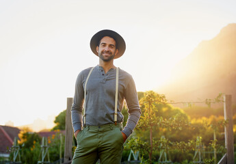 Farm, man and portrait with agriculture, nature and eco farming work in countryside. Smile, farmer...