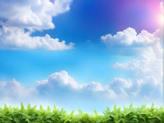 Obraz premium Beautiful green leaf blue sky with white clouds nature background