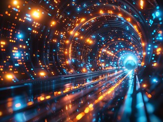 Naklejka premium Blue and orange cyber tunnel with pulsating lights of data converging towards a brilliant focal point.
