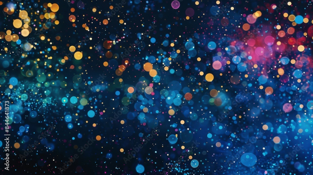 Poster abstract background with colorful bokeh effect on dark blue with sparkling glittering particles