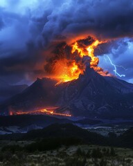 Fiery eruption illuminated by stormy lightning in the dark night sky.