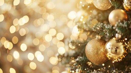 Christmas Tree With gold Baubles close-up against backdrop of golden sparkling Christmas lights