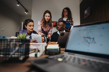 A diverse group of professionals engaged in a business discussion around a laptop in a well-equipped office setting, showcasing teamwork and strategy.